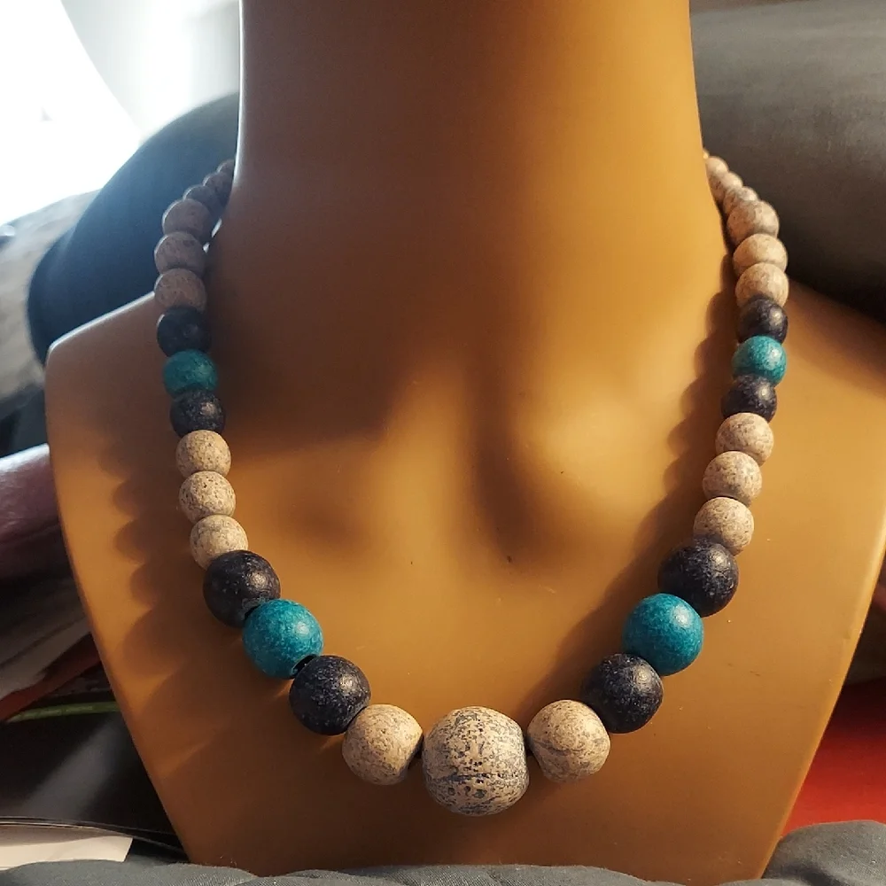 Leros Turquoise Clay Ombre Beaded Boho Necklace Handmade Greece